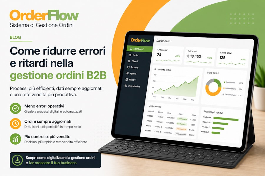 Software gestione ordini B2B OrderFlow con dashboard digitale per ridurre errori e ritardi operativi